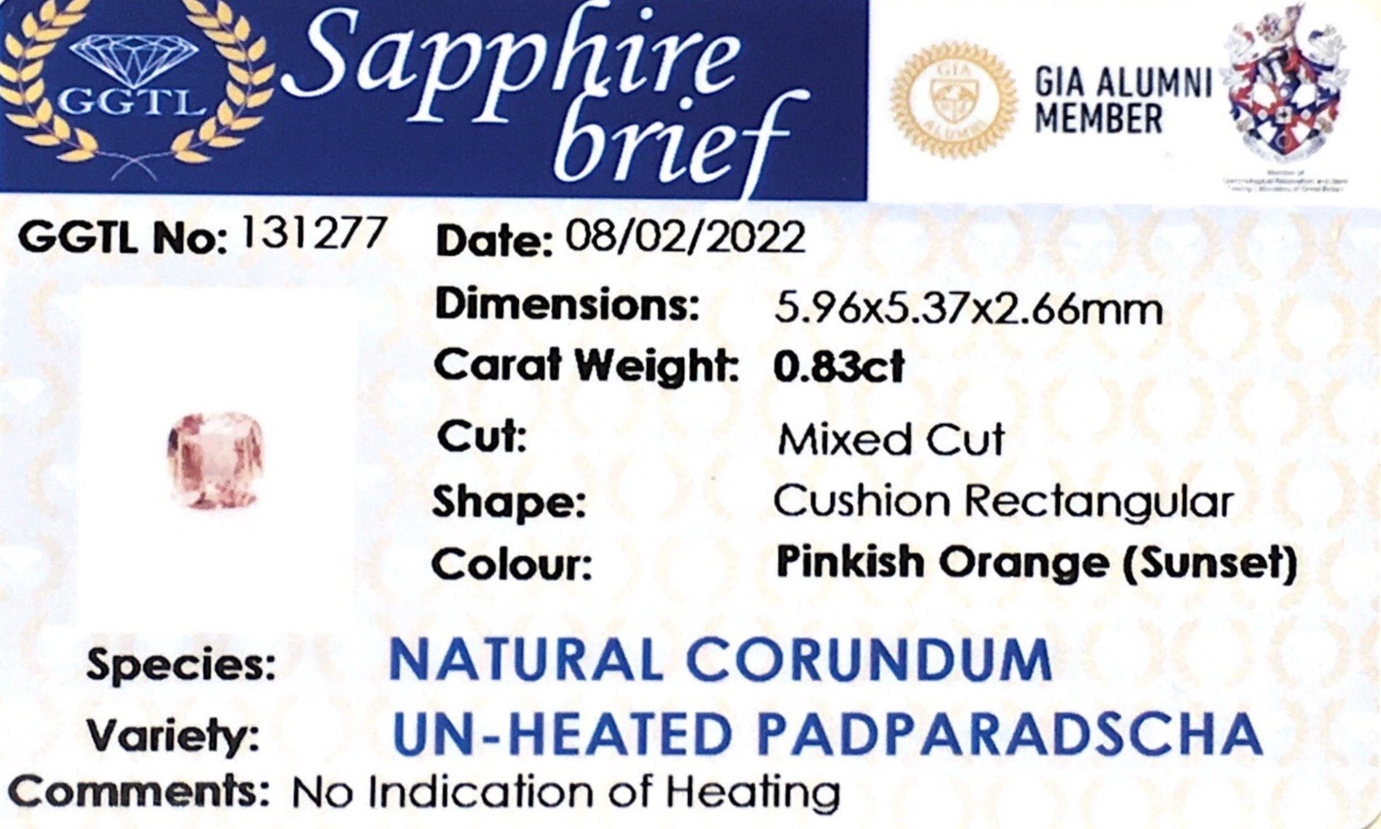 0.83CTS Unheated Sunset Padparadscha - Benny's Gems Creations