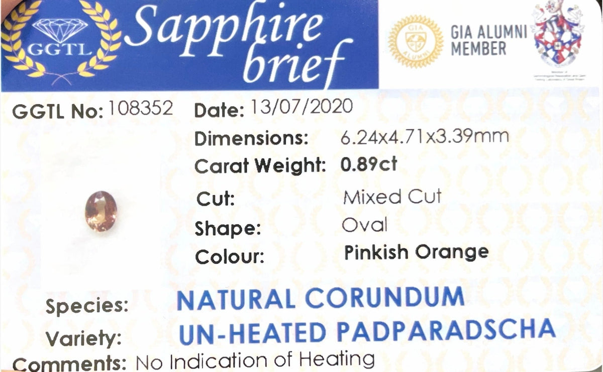 0.89cts Unheated Padparadscha Sapphire - Benny's Gems Creations