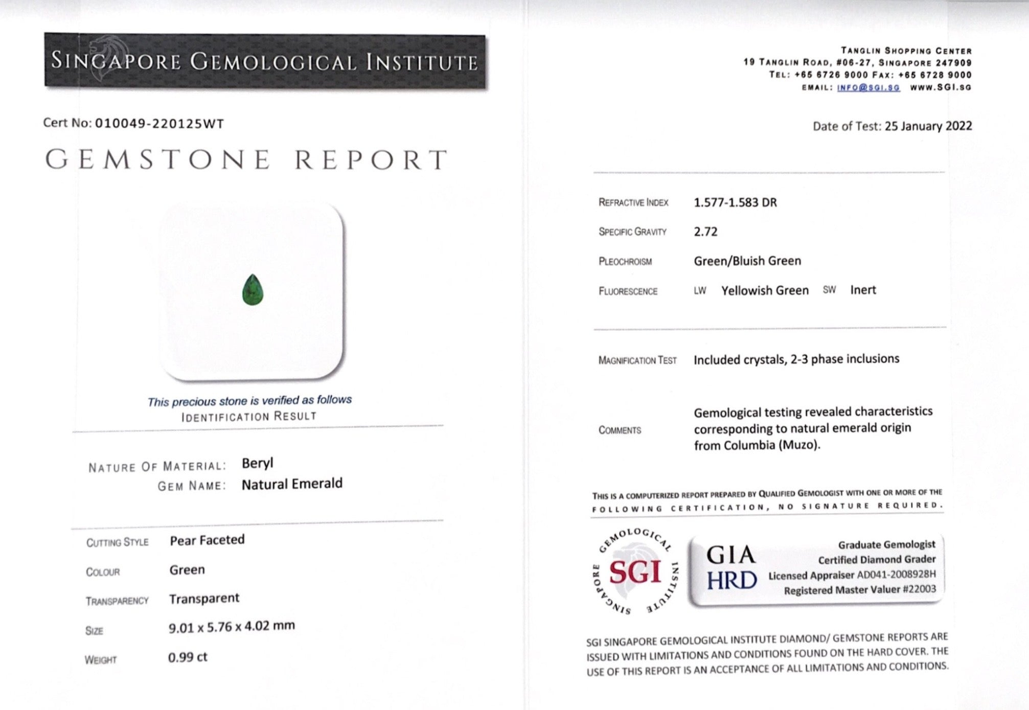 0.99CTS Muzo Colombian Emerald - Benny's Gems Creations