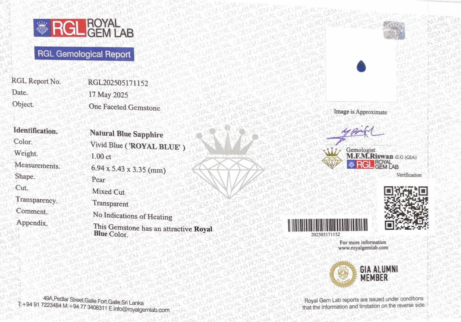1.00CTS Unheated Royal Blue Sapphire - Benny's Gems Creations
