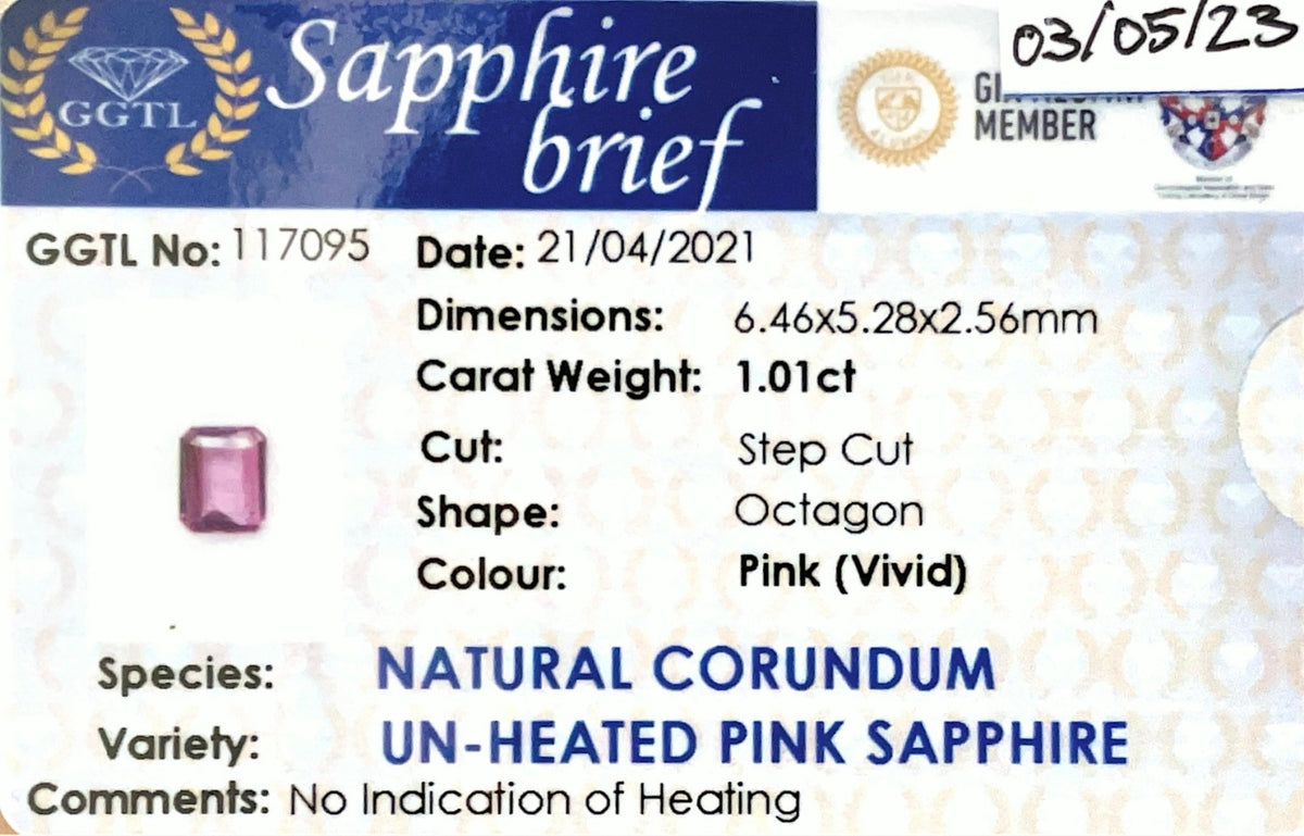 1.01Ct Unheated Pink Sapphire - Benny's Gems Creations