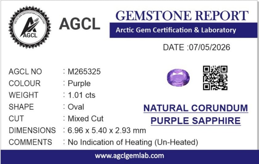 1.01cts Unheated Purple Sapphire - Benny's Gems Creations