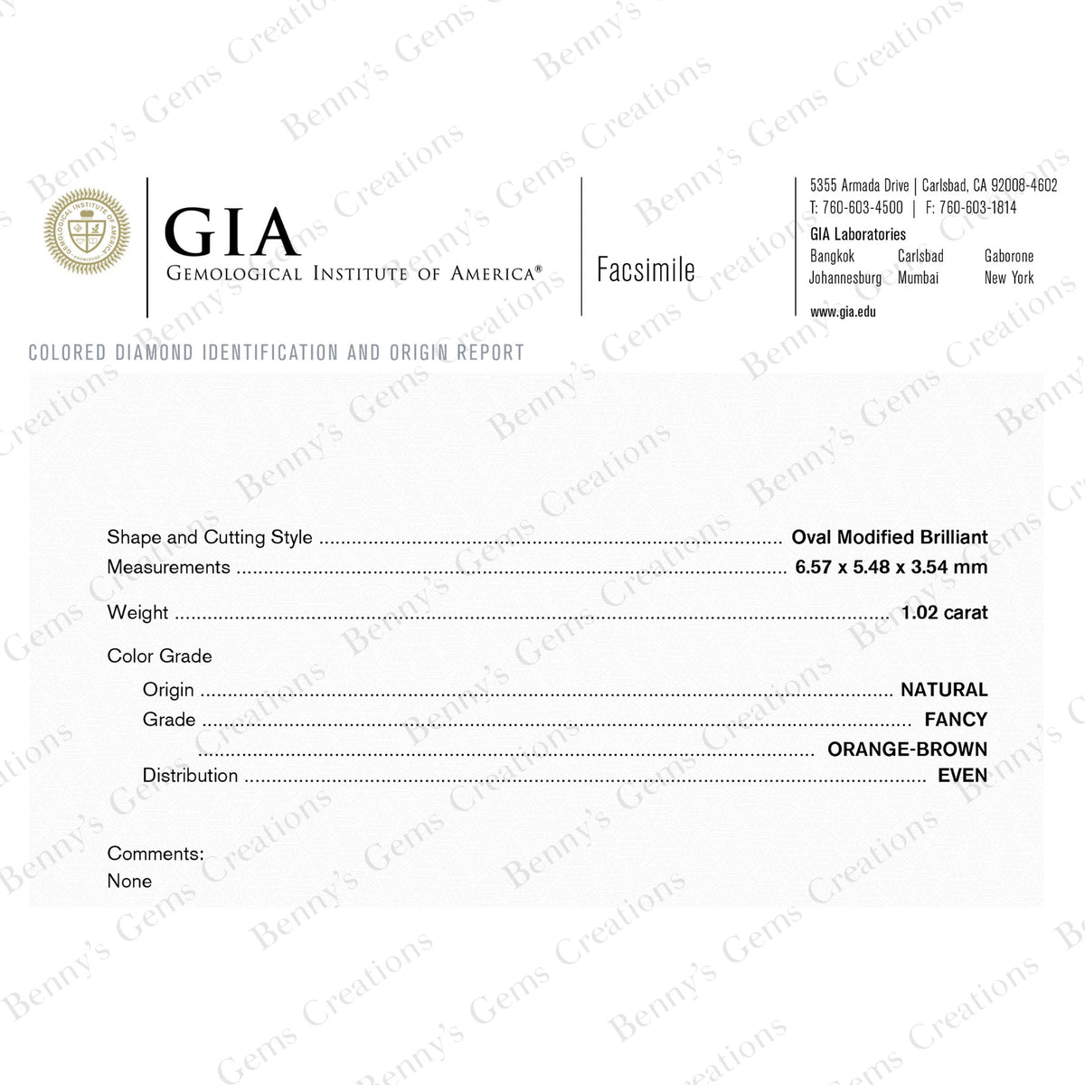 1.02CTS Fancy Dark Orangy Brown Diamond - Benny's Gems Creations