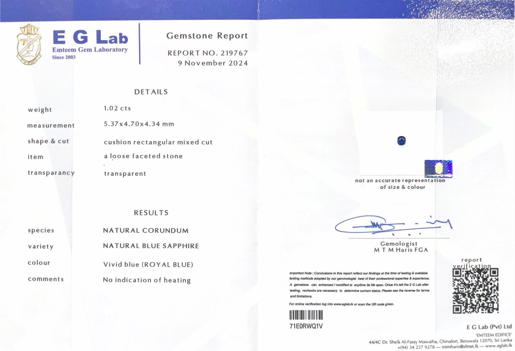 1.02CTS Unheated Royal Blue Sapphire - Benny's Gems Creations