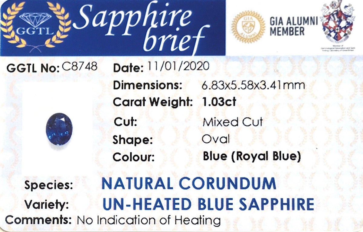 1.03CTS Unheated Blue Sapphire - Benny's Gems Creations