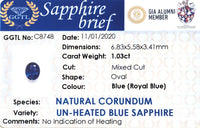 1.03CTS Unheated Blue Sapphire - Benny's Gems Creations