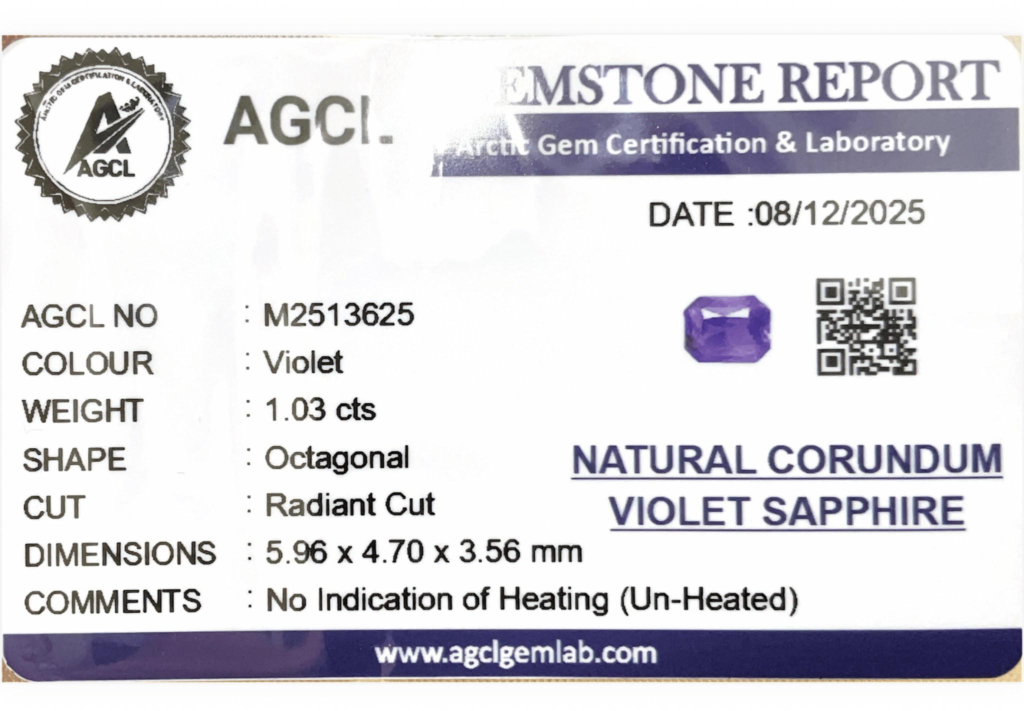 1.03cts Unheated Violet Sapphire - Benny's Gems Creations