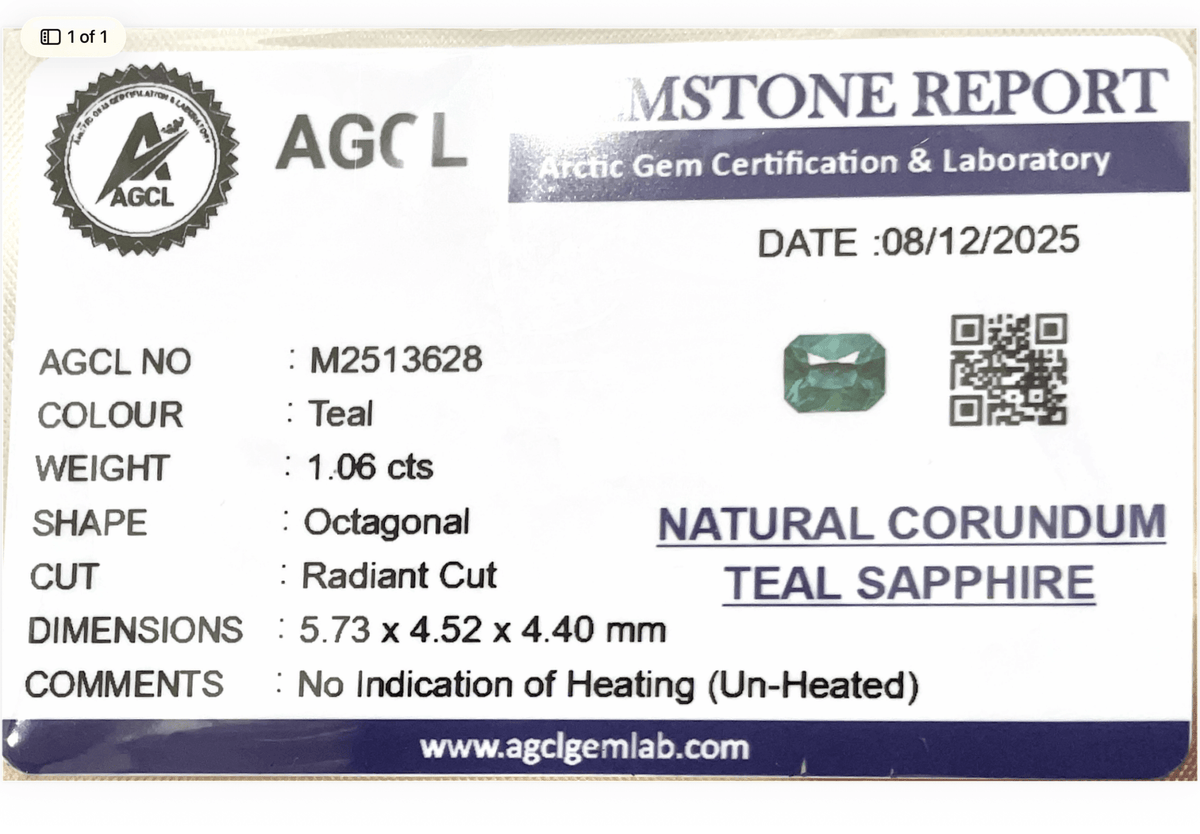 1.06cts Unheated Teal Sapphire - Benny's Gems Creations