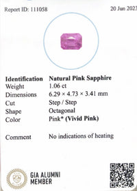 1.06CTS Unheated Vivid Pink Sapphire - Benny's Gems Creations