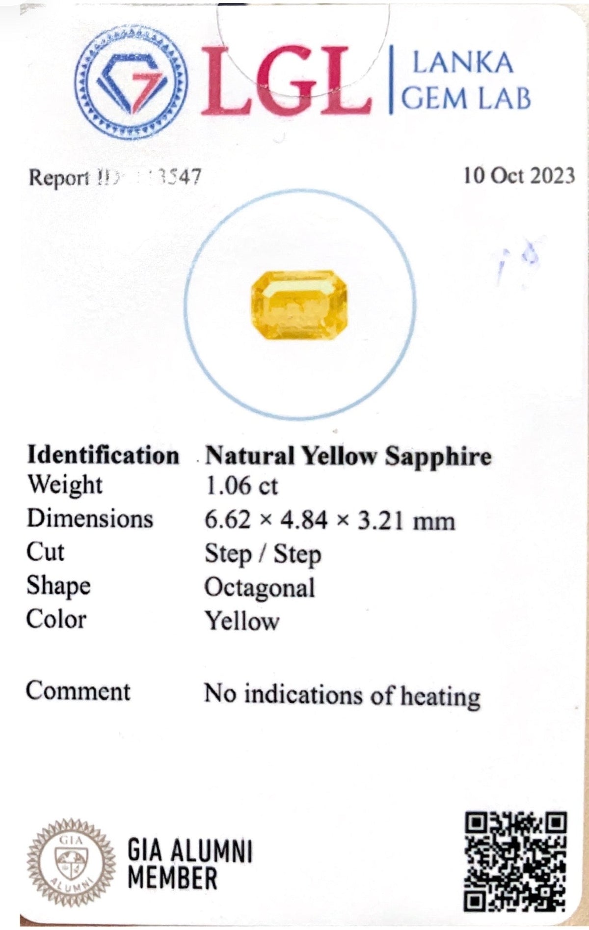 1.06CTS Unheated Yellow Sapphire - Benny's Gems Creations