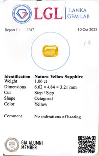 1.06CTS Unheated Yellow Sapphire - Benny's Gems Creations