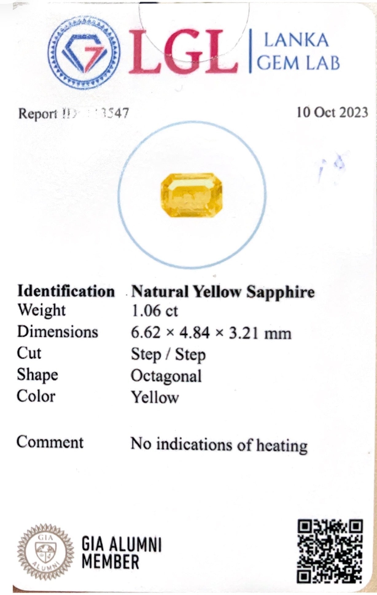 1.06CTS Unheated Yellow Sapphire - Benny's Gems Creations