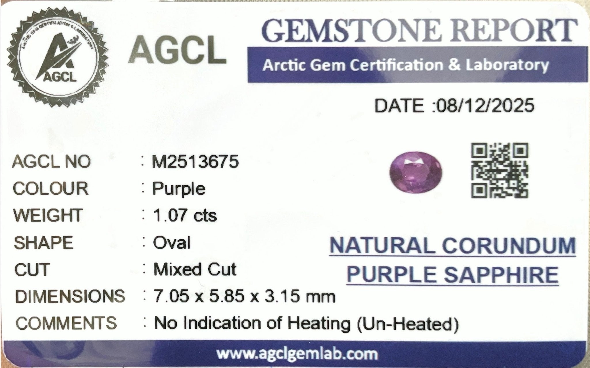 1.07cts Unheated Purple Sapphire - Benny's Gems Creations