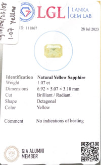1.07Cts Unheated Yellow Sapphire - Benny's Gems Creations