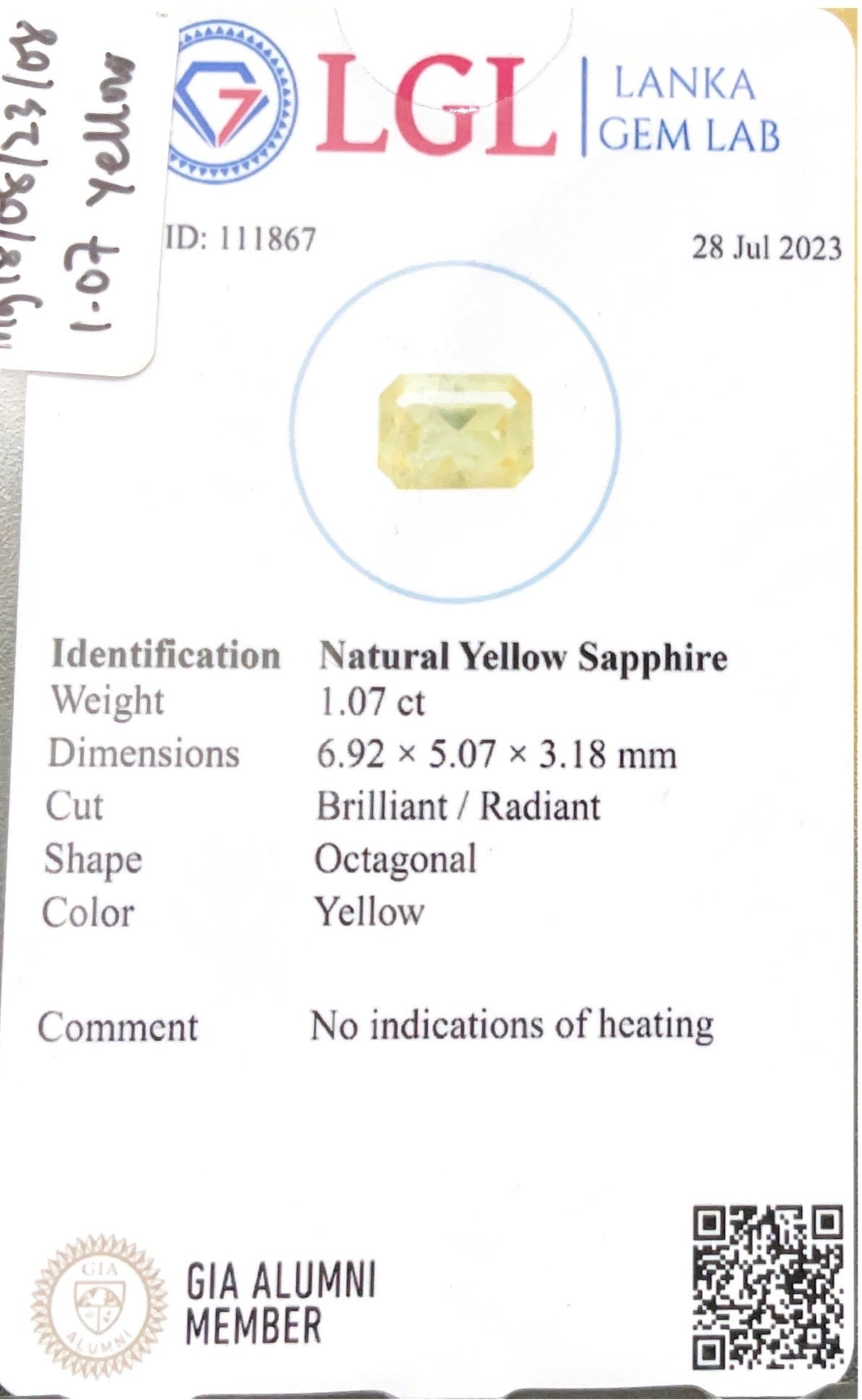 1.07Cts Unheated Yellow Sapphire - Benny's Gems Creations