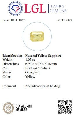 1.07Cts Unheated Yellow Sapphire - Benny's Gems Creations