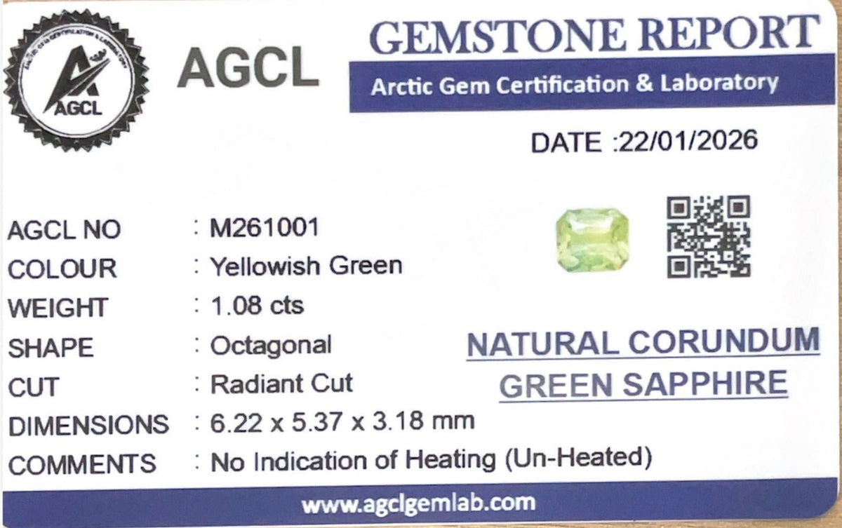 1.08cts Unheated Green Sapphire - Benny's Gems Creations
