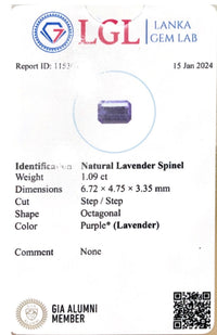 1.09CTS Lavender Spinel - Benny's Gems Creations