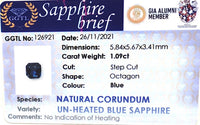 1.09CTS Unheated Blue Sapphire - Benny's Gems Creations
