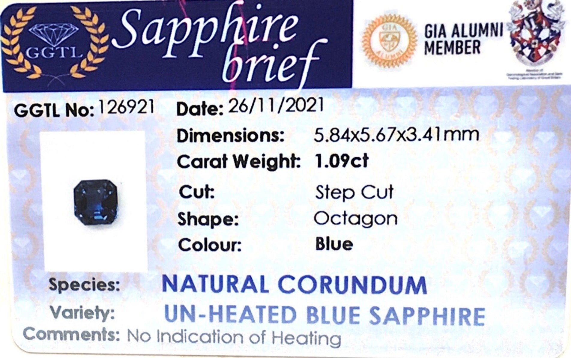 1.09CTS Unheated Blue Sapphire - Benny's Gems Creations