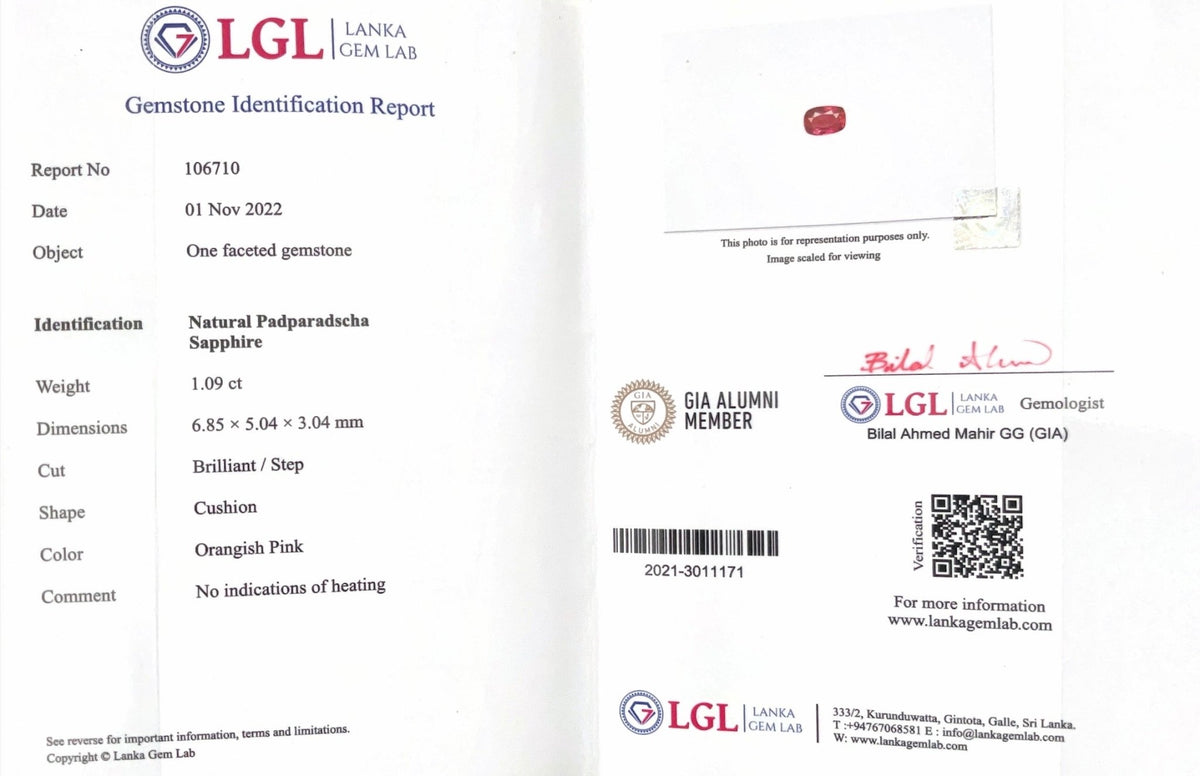 1.09CTS Unheated Cushion Padparadscha - Benny's Gems Creations