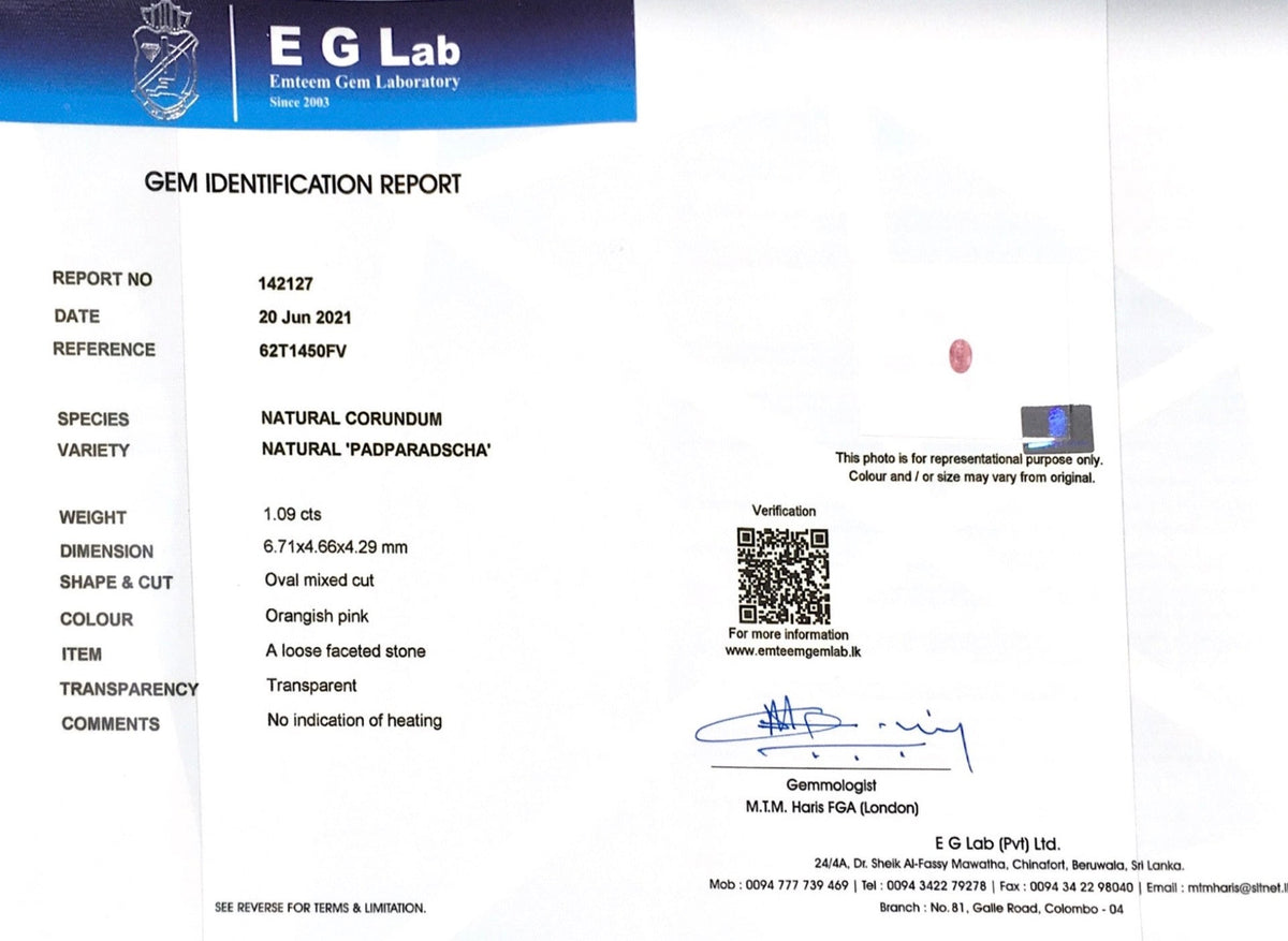 1.09CTS Unheated Oval Padparadscha - Benny's Gems Creations