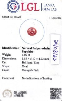1.09cts Unheated Oval Padparadscha - Benny's Gems Creations