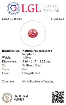 1.09cts Unheated Oval Padparadscha - Benny's Gems Creations