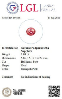1.09cts Unheated Oval Padparadscha - Benny's Gems Creations