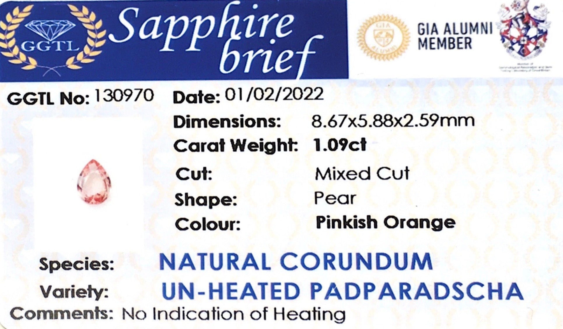 1.09CTS Unheated Pear Padparadscha - Benny's Gems Creations