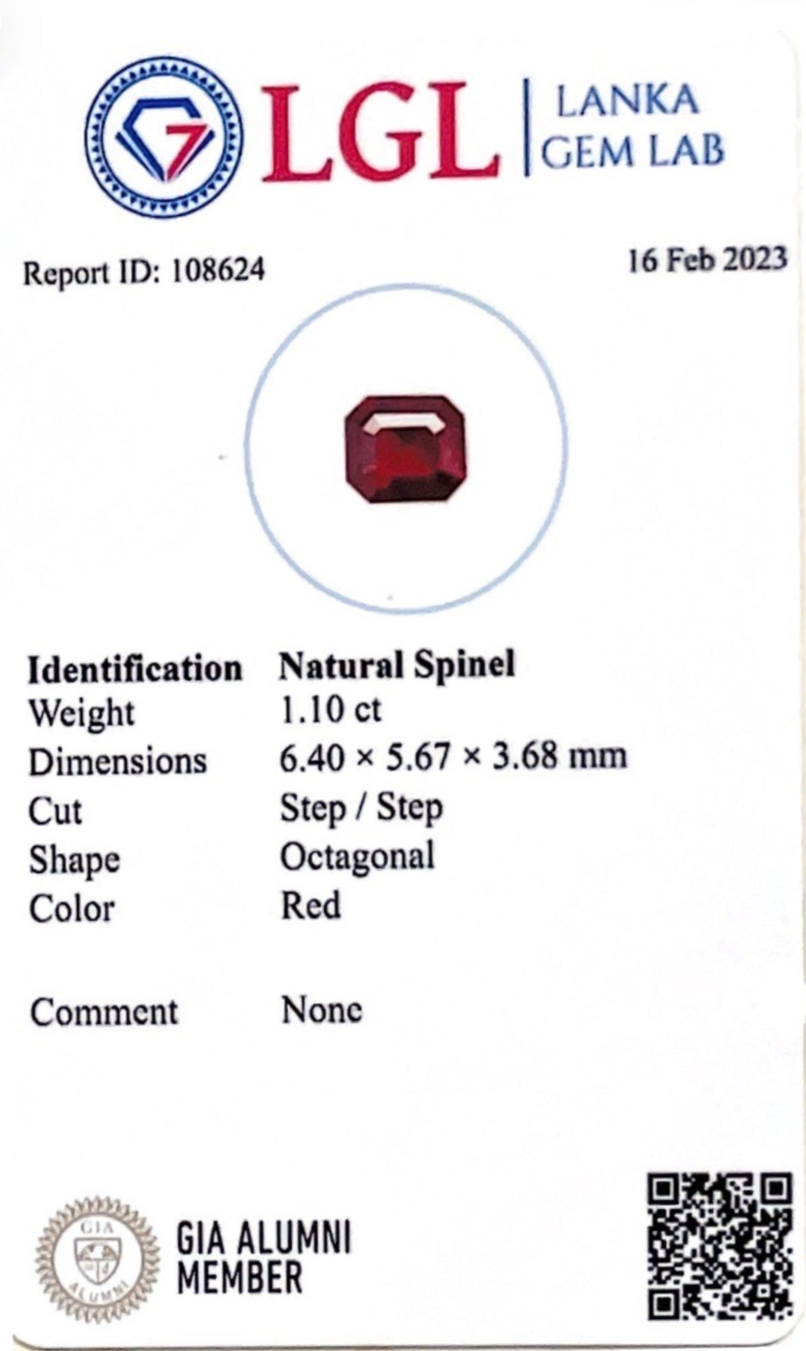 1.10CTS Red Spinel - Benny's Gems Creations