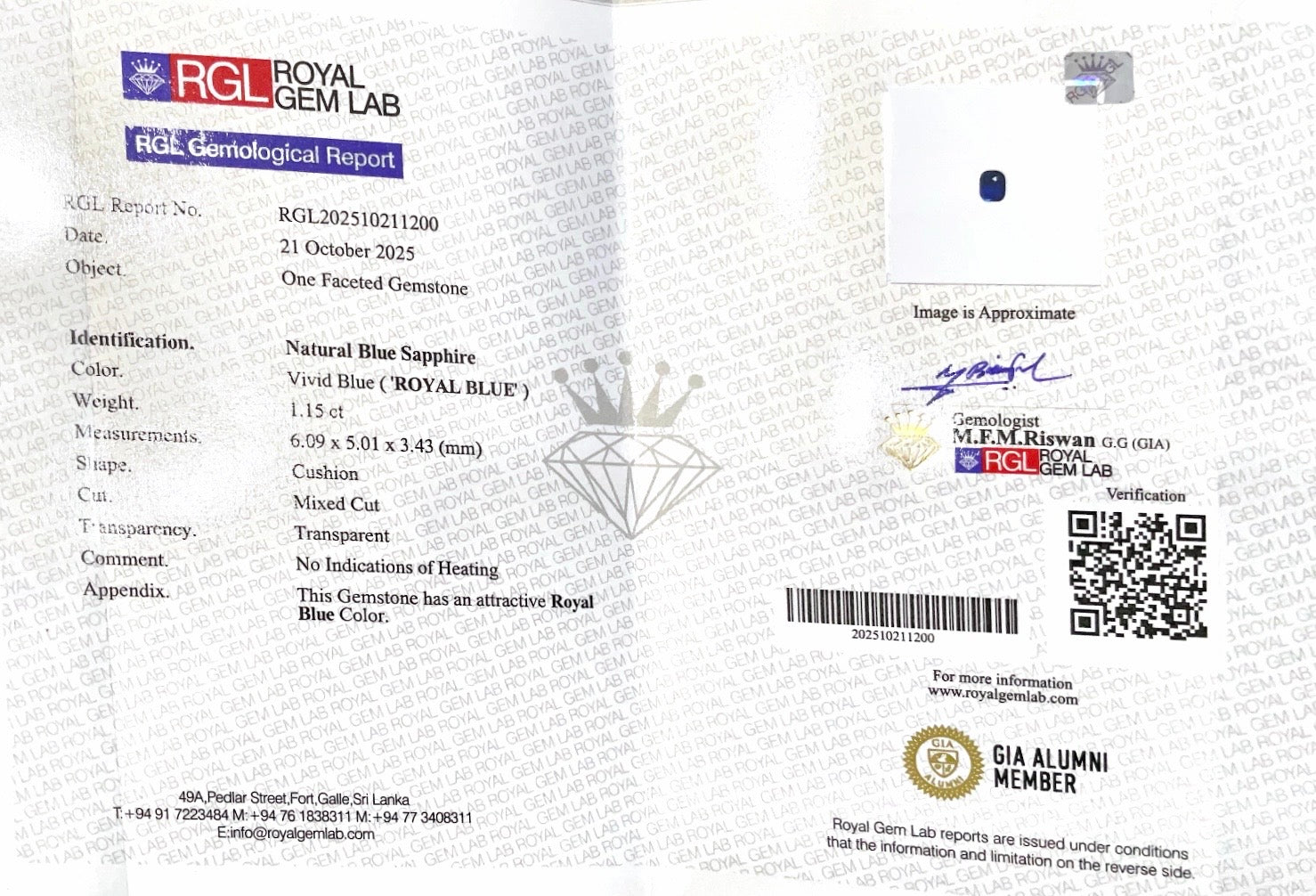 1.15cts Unheated Royal Blue Sapphire - Benny's Gems Creations