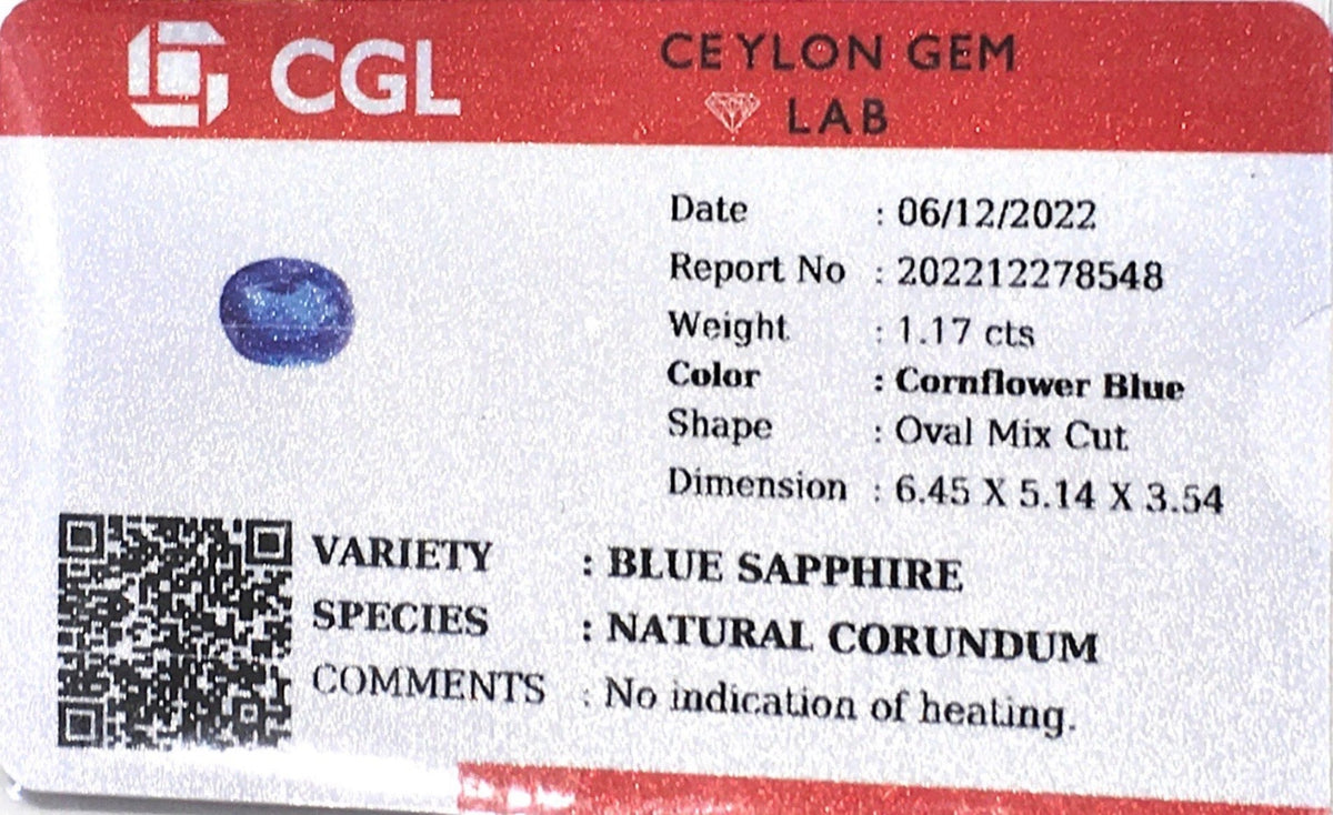 1.17CTS Unheated Cornflower Sapphire - Benny's Gems Creations