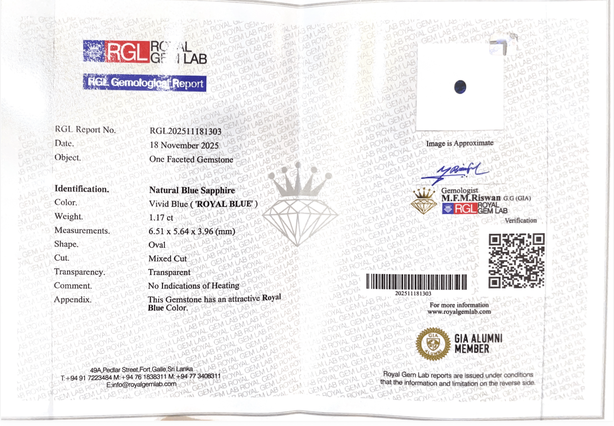 1.17Cts Unheated Royal Blue Sapphire - Benny's Gems Creations