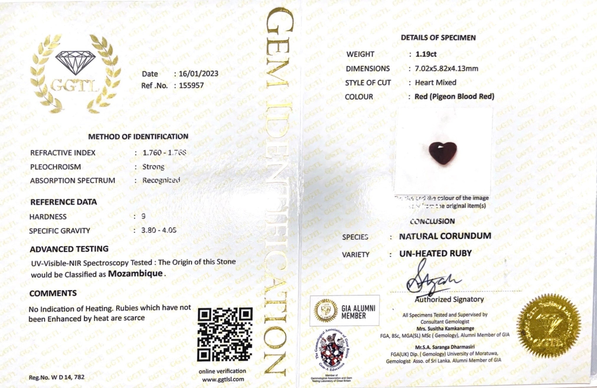 1.19CTS Unheated Ruby Heart - Benny's Gems Creations