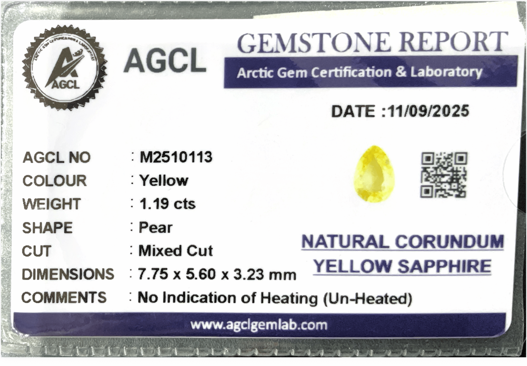 1.19cts Unheated Yellow Sapphire - Benny's Gems Creations