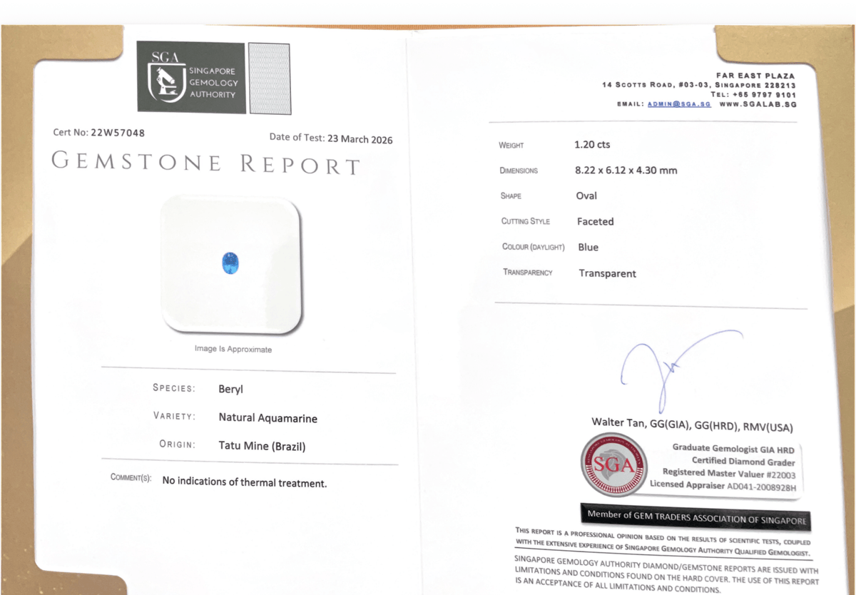 1.22cts Tatu Mine Aquamarine certificate - Benny's Gems Creations