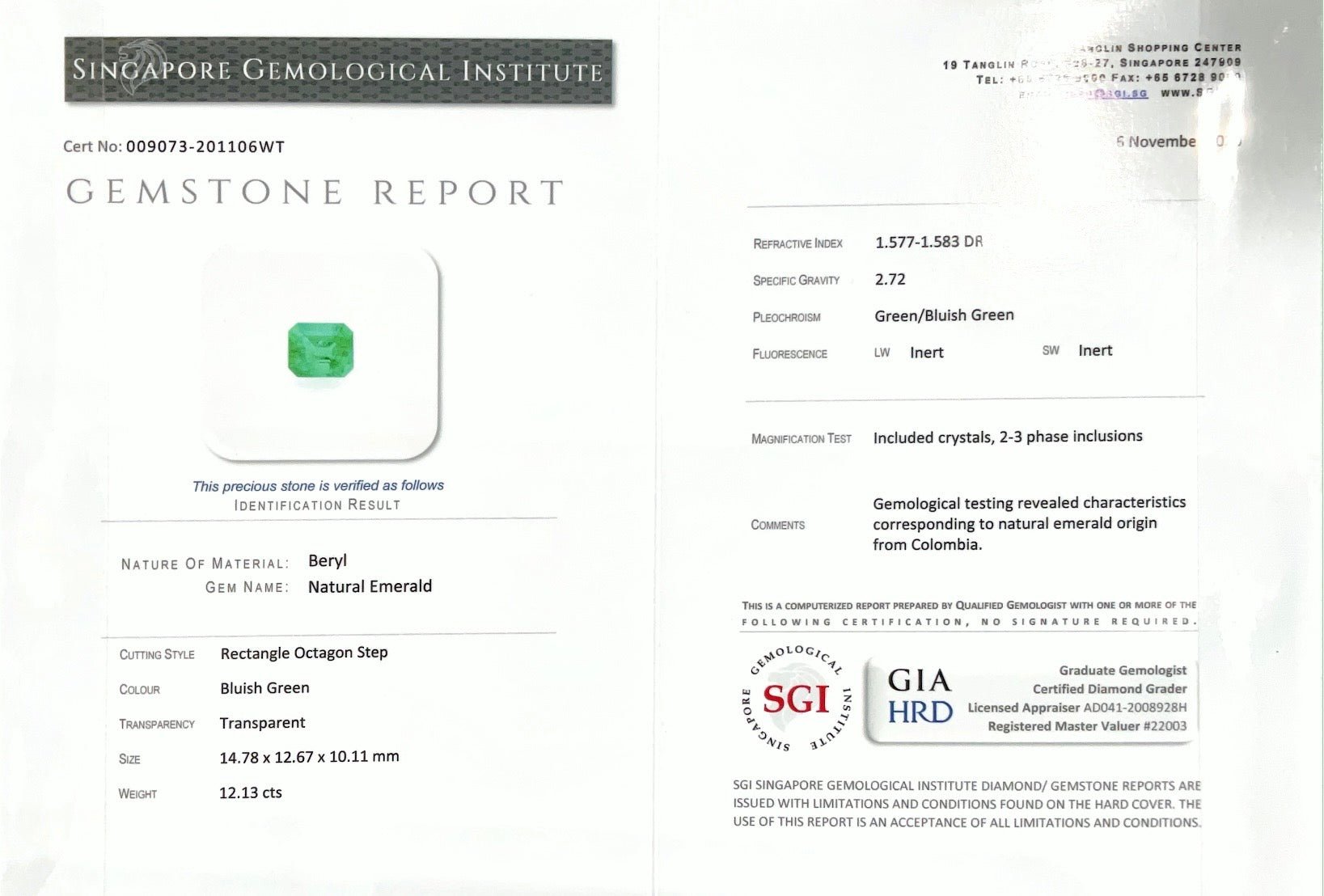 12.13CTS Bluish Green Colombian Emerald - Benny's Gems Creations