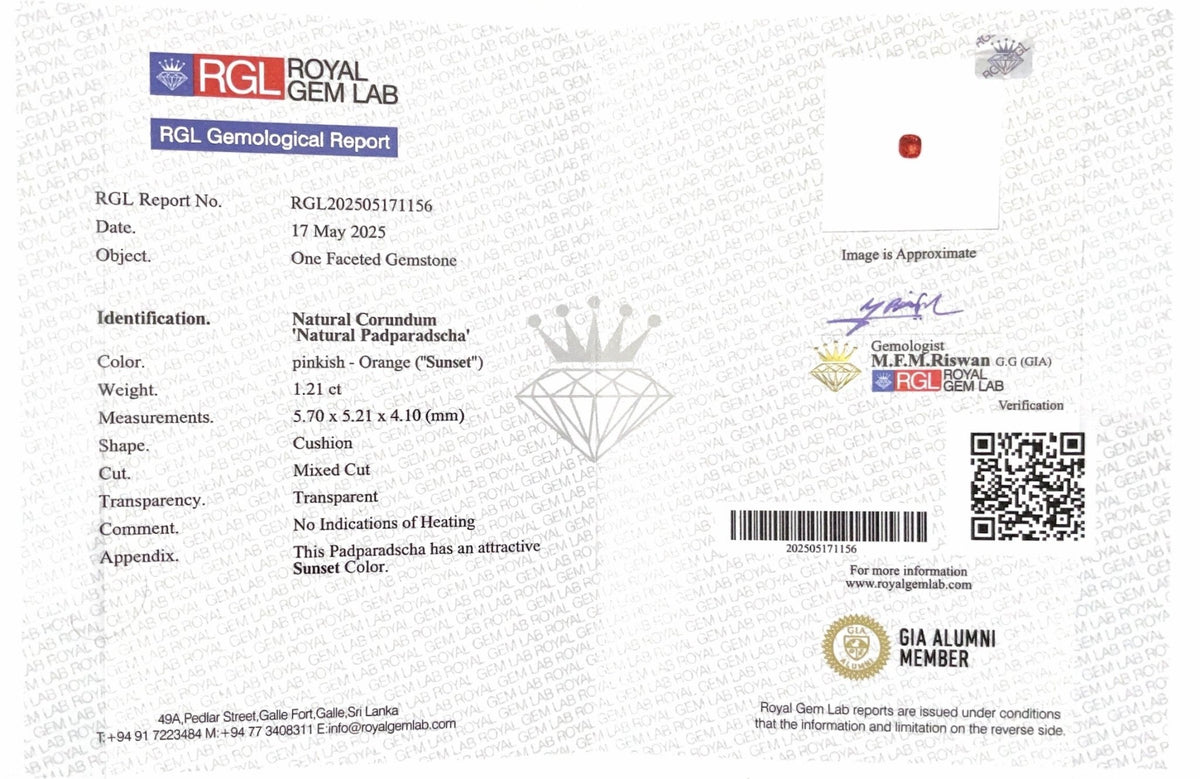 1.21CTS Unheated Sunset Padparadscha - Benny's Gems Creations