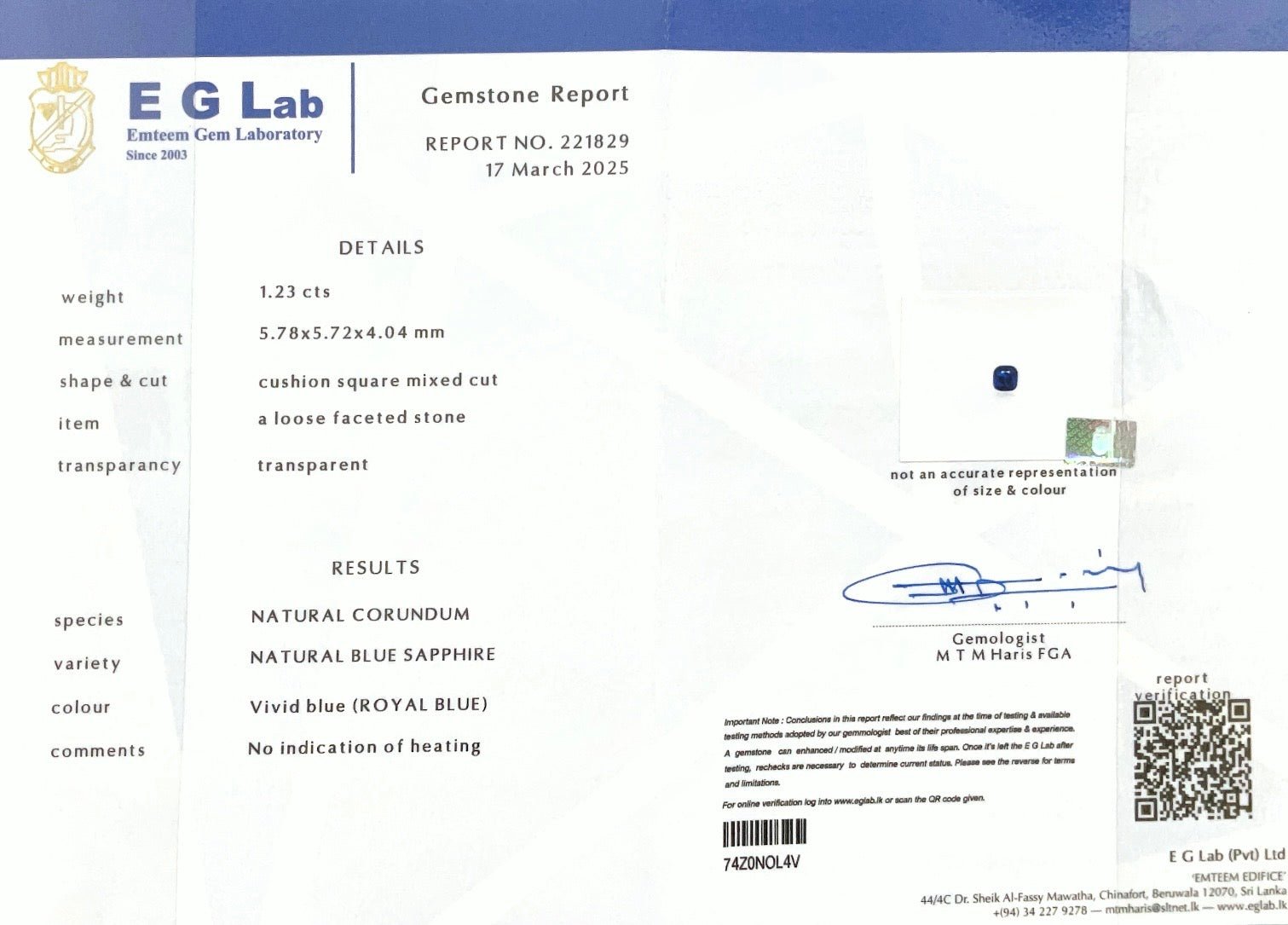 1.23CTS Unheated Royal Blue Sapphire - Benny's Gems Creations