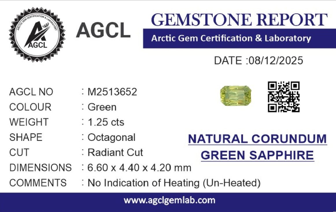 1.25cts Unheated Green Sapphire - Benny's Gems Creations