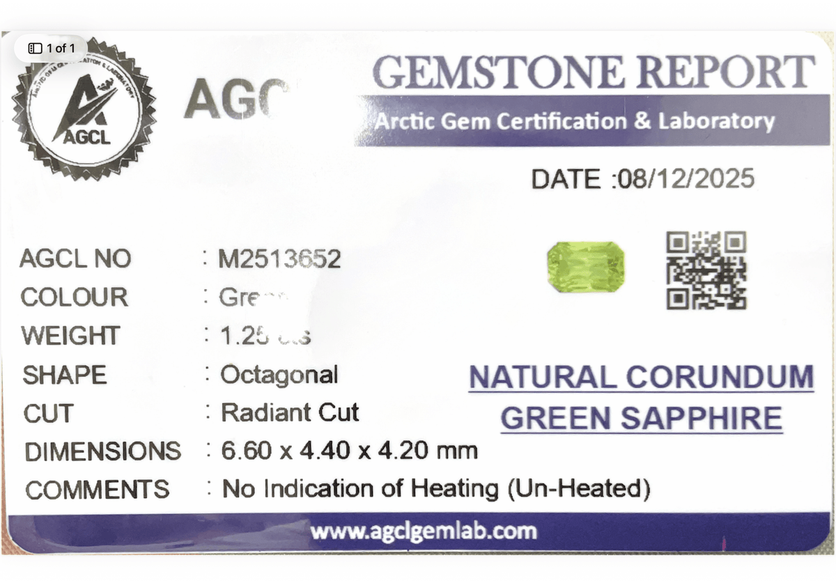 1.25cts Unheated Green Sapphire - Benny's Gems Creations