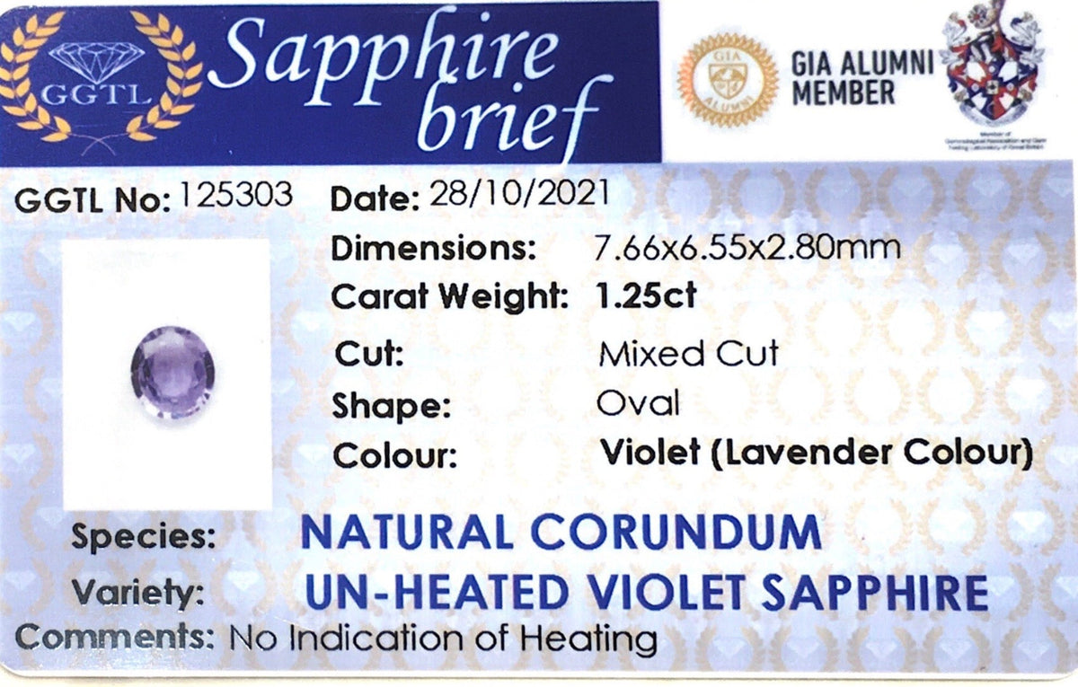1.25CTS Unheated Lavender Sapphire - Benny's Gems Creations