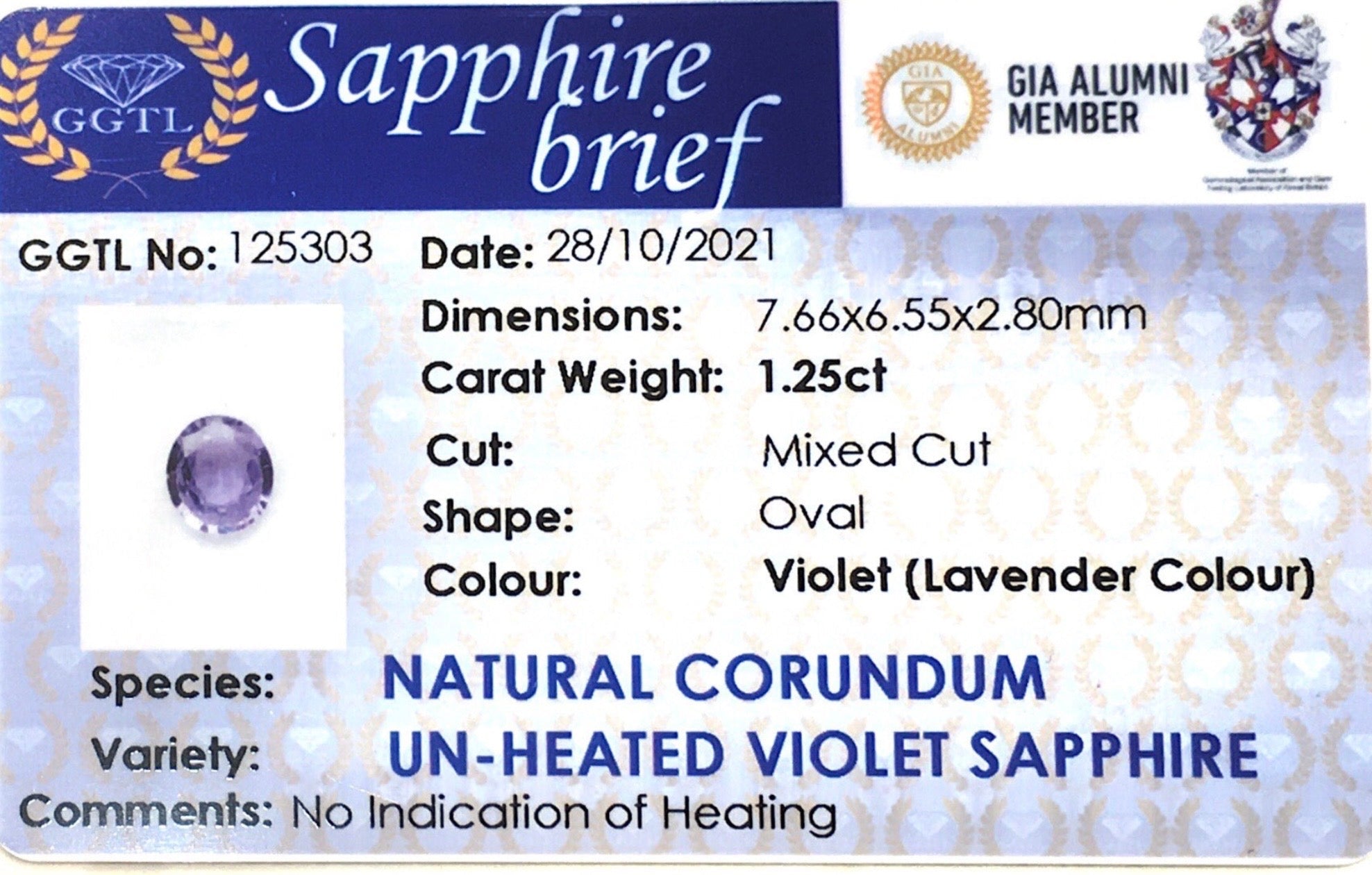 1.25CTS Unheated Lavender Sapphire - Benny's Gems Creations