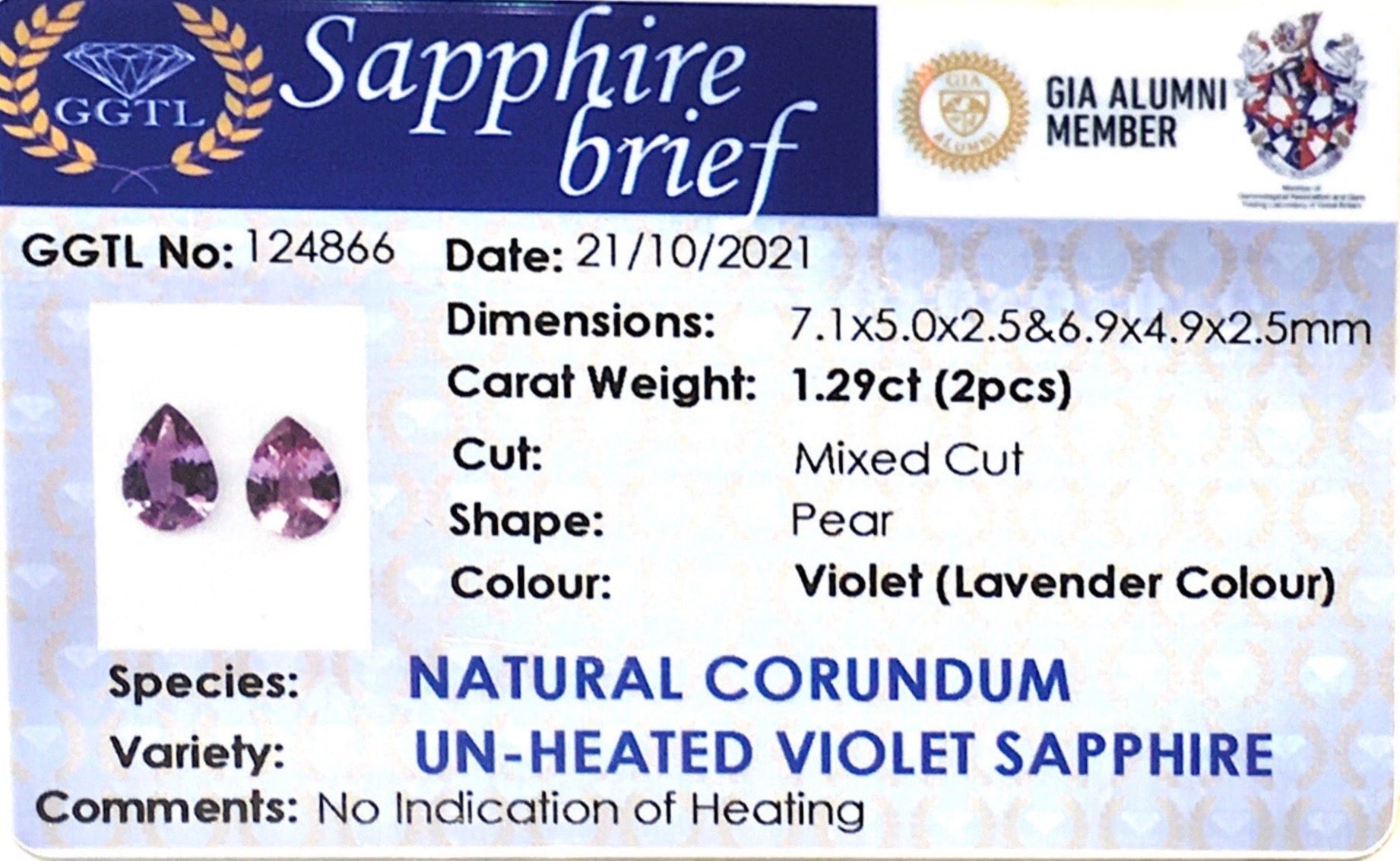 1.29CTS Unheated Pear Violet Sapphire Pair - Benny's Gems Creations
