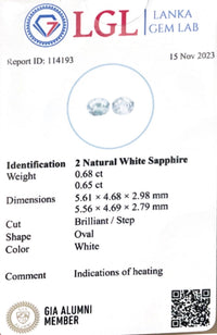 1.34CTS Natural White Sapphire Pair - Benny's Gems Creations