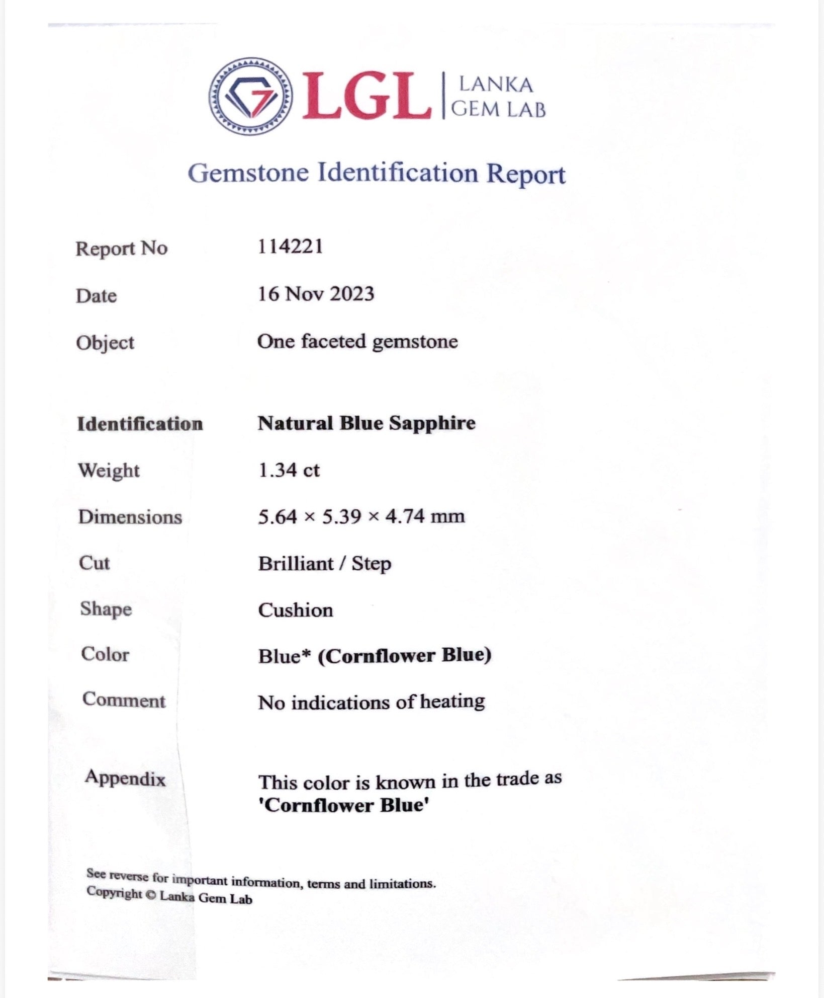 1.34CTS Unheated Cornflower Sapphire - Benny's Gems Creations