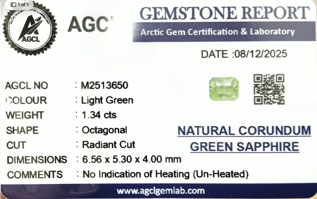 1.34cts Unheated Green Sapphire - Benny's Gems Creations
