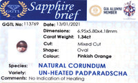 Certificate of 1.34cts Unheated Pinkish Orange Padparadscha Sapphire