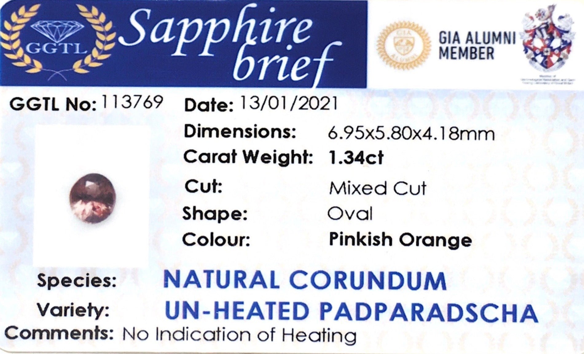 Certificate of 1.34cts Unheated Pinkish Orange Padparadscha Sapphire